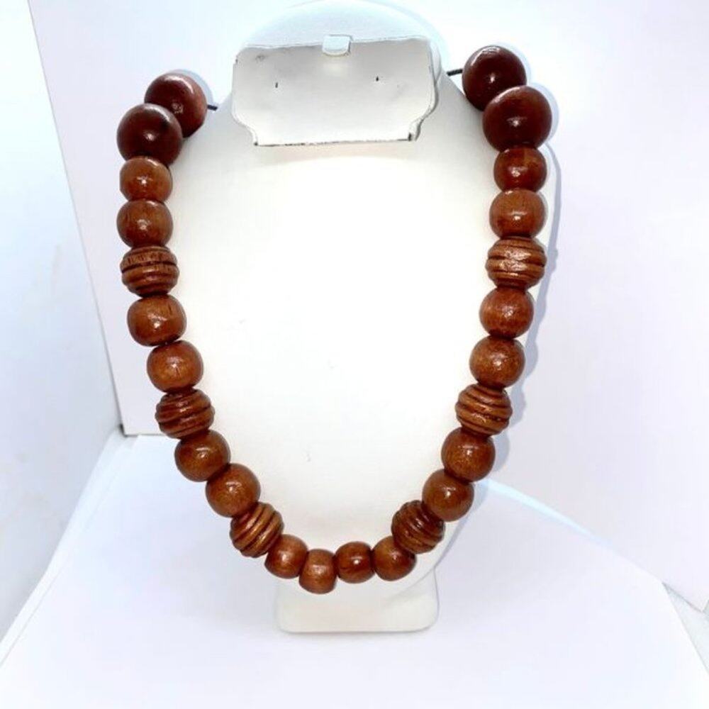 Handmade Wooden Beaded Necklace Cherry-tone wood